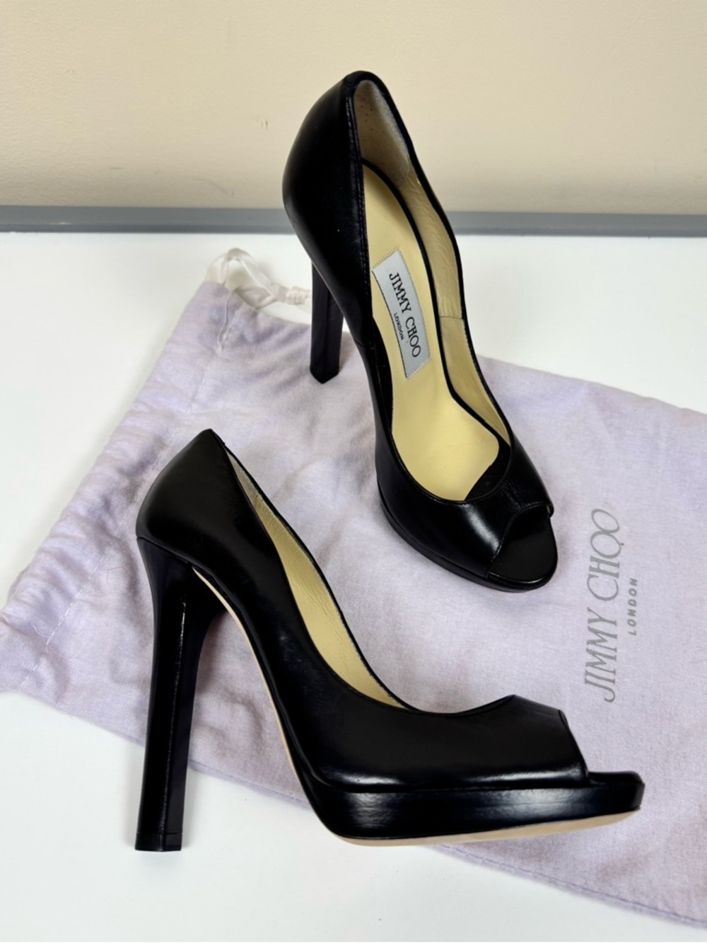 Jimmy Choo Black Leather Peep Toe Pumps